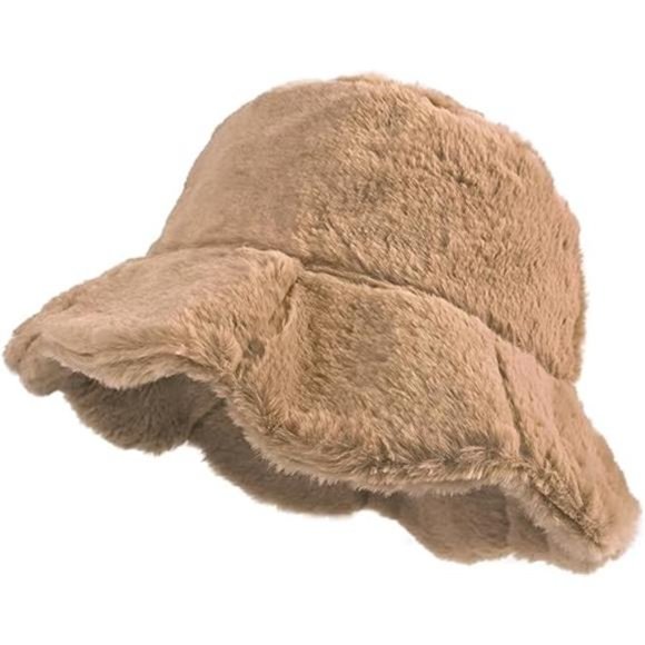 Women\'s Winter Faux Fur Plush Bucket Hat, Soft Ruffle Sweet Lotus Leaf Hat main image 5
